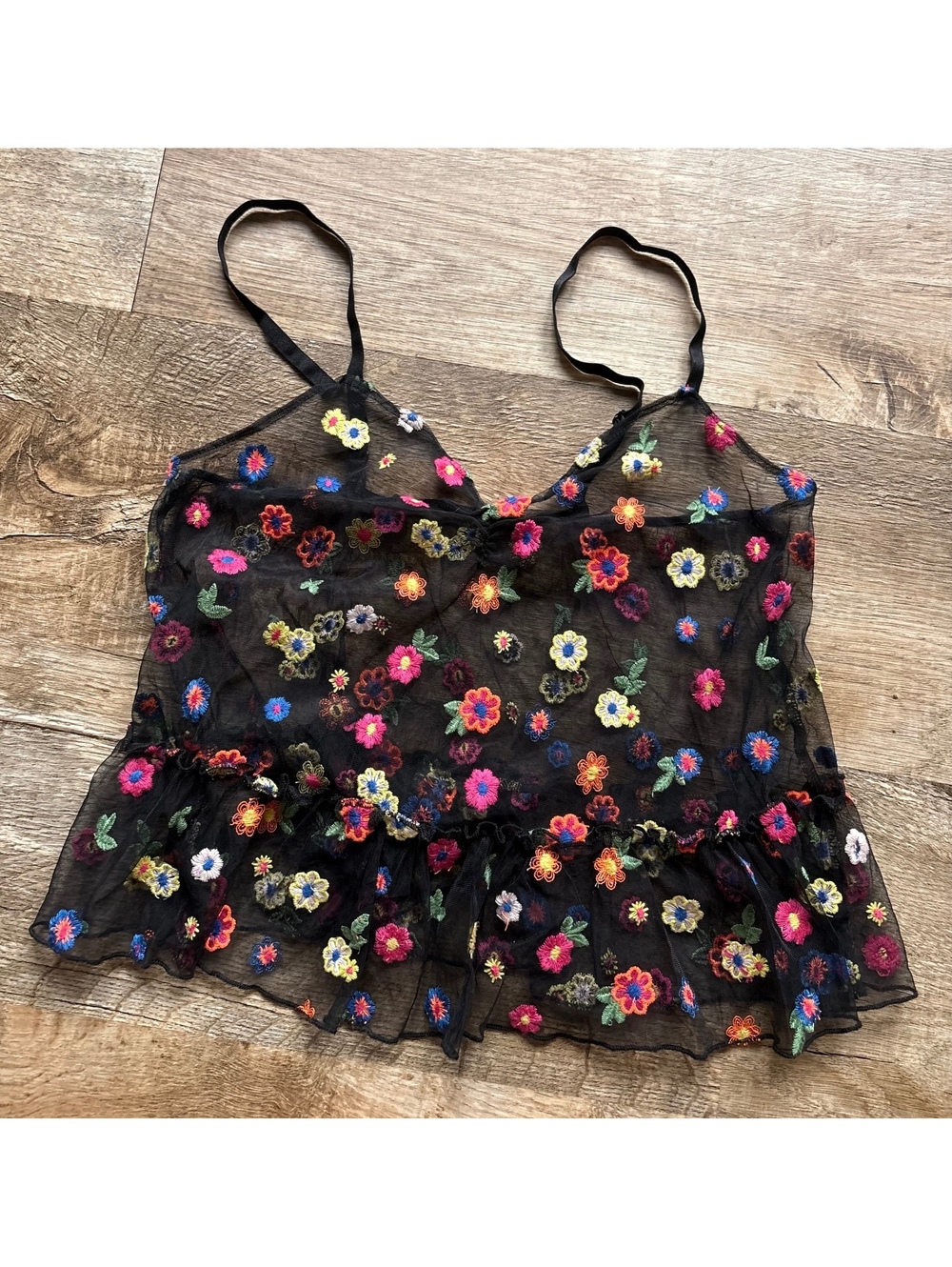 Black Sheer Floral Embroidered Crop Top with Ruffled Hem Small